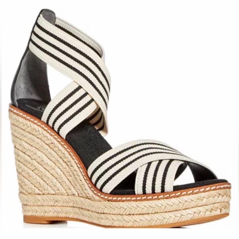 Tory Burch Frieda Striped Espadrille Wedge Sandal in Black and White